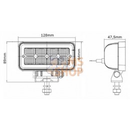 Phare de travail LED rectangulaire LED 12W 1136lm, 9/36V, 69x128mm, 2 prises Deutsch, faisceau large et rapproché, 8 LED, Kramp 