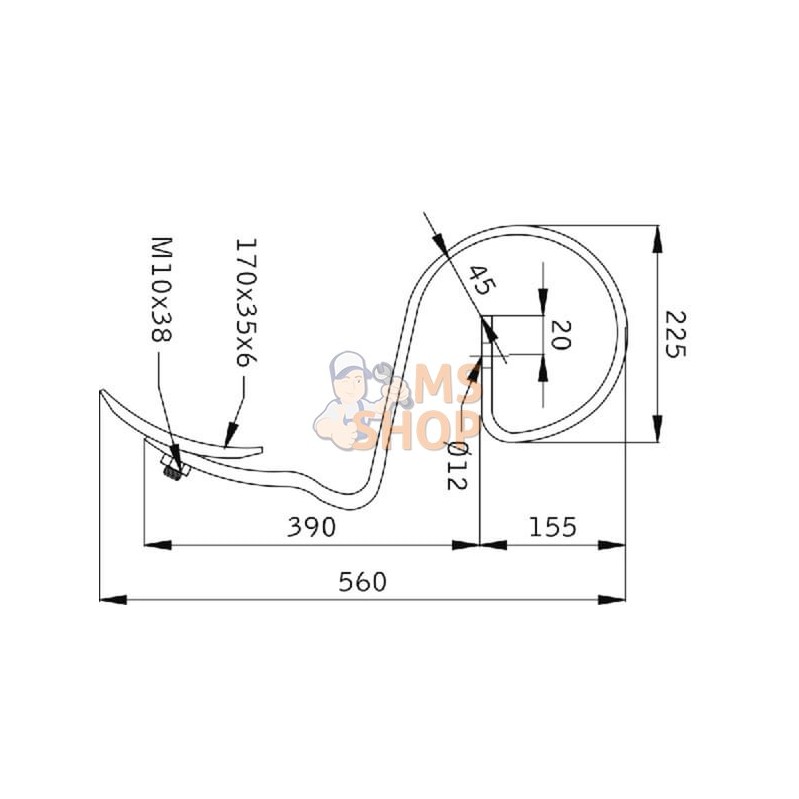 Dent à ressort 32x10x560mm avec pointe adaptable pour Rau et Kverneland | KVERNELAND / RAU Dent à ressort 32x10x560mm avec point