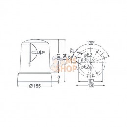 2RL008061101; HELLA; Gyrophare halogène, rond 12 V, ambre, boîtier : jaune, vissable, Ø 155 mm x 194 mm, KL7000 Hella; pièce det